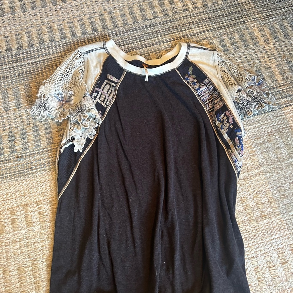 Free People Black and Cream Lace Sleeve Tee